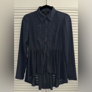 Paper Tee Women's Sheer Embroidered Back Peplum Style Button Up Top Size‎ S